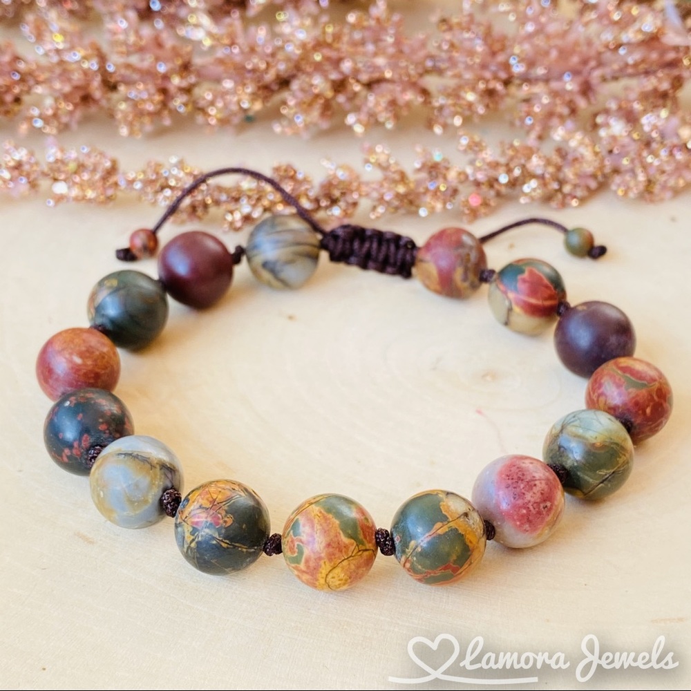 Mens Picasso Jasper Bead Cord Adjustable Bracelet